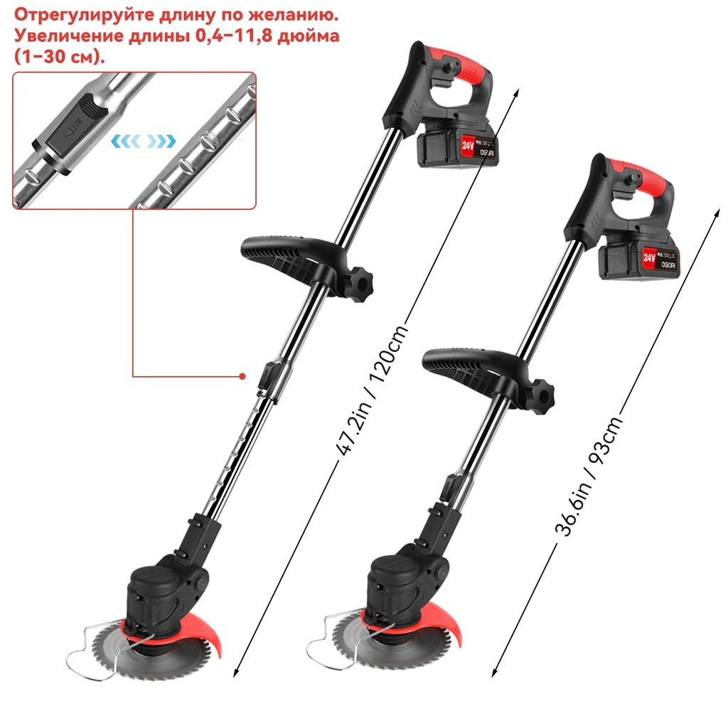 Electric Lawn Mower Cordless Grass Cutter with 2 Batteries Handheld Lawnmower Adjustable Length Grass Trimmer