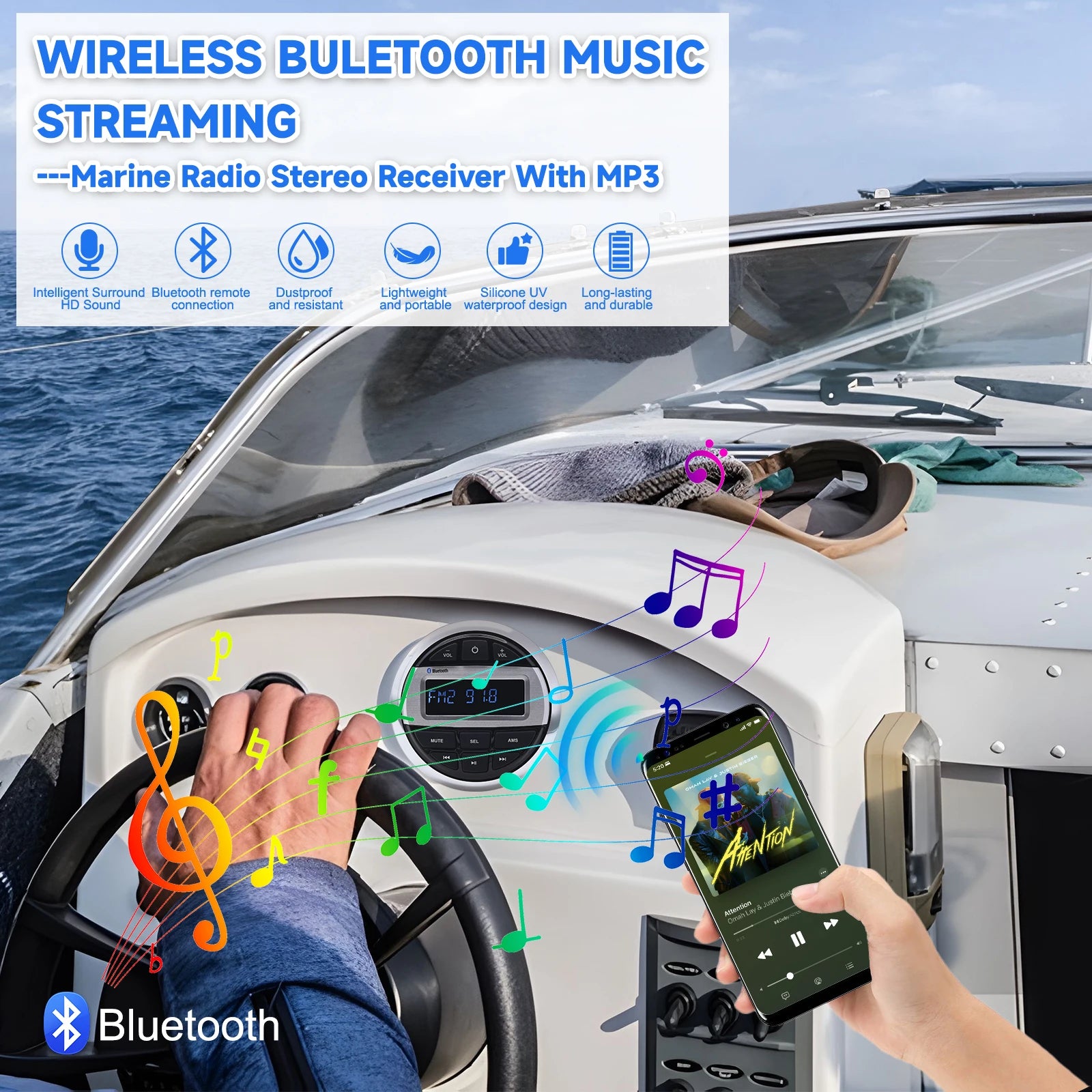 Boat Media MP3 Player With Bluetooth Waterproof Car Marine Stereo Audio Radio FM AM Receiver for UTV ATV SPA RZR