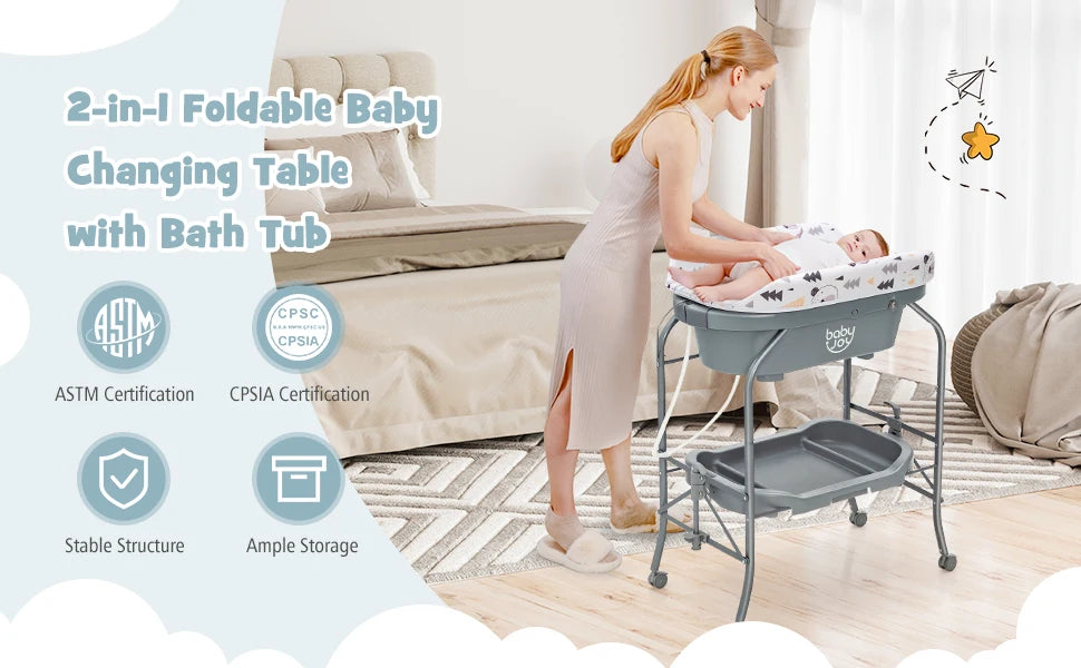 Bañera para Bebé con Cambiador Plegable y Bandeja de Almacenamiento | Portátil