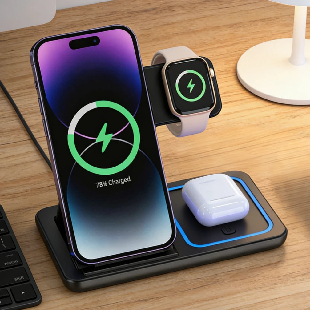 30W Foldable 3-in-1 Wireless Charging Dock | iPhone 17/16/15 + iWatch + AirPods Pro