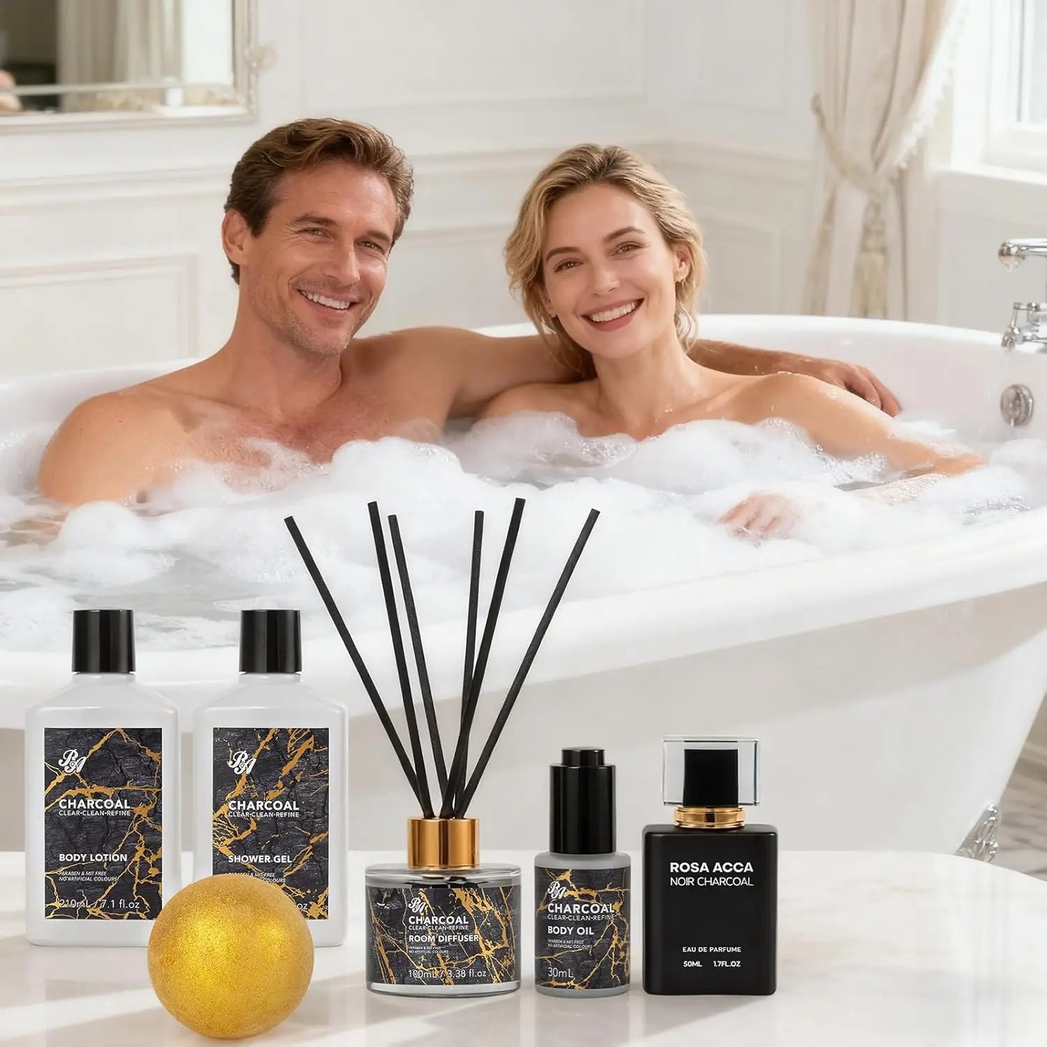 35 Pcs Valentines Day Gift Basket for Women & Men, Charcoal Bath & Body Kit with Diffuser, Shower Gel, Massage Oil