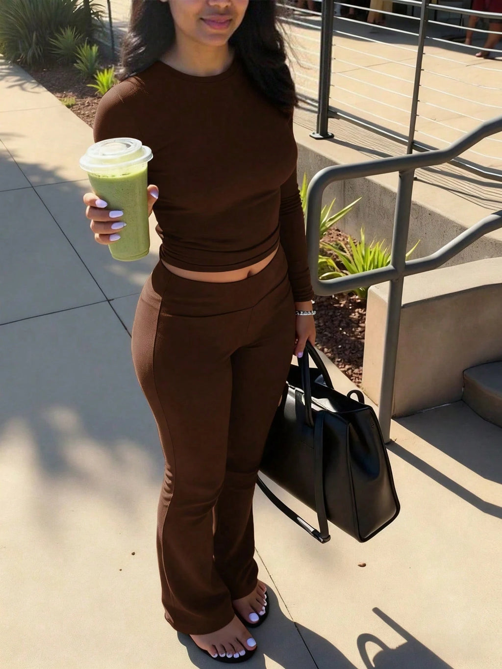 Women's solid color long-sleeve round-neck T-shirt and flare pants casual two-piece set, sportswear set, fitness set