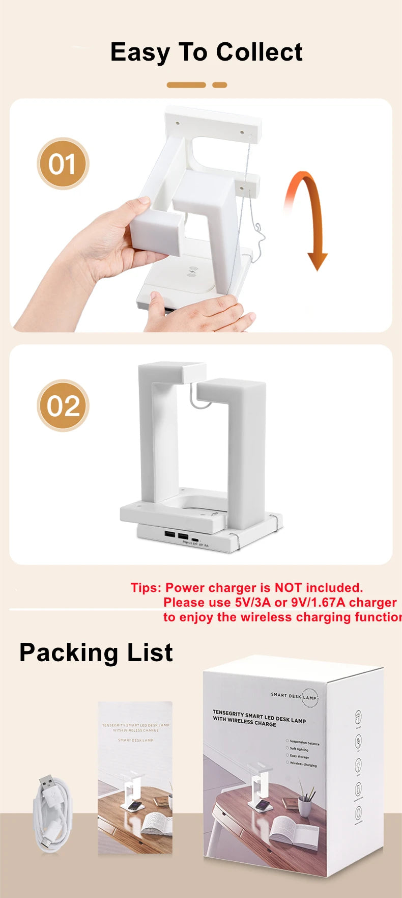 Floating Desk Lamp with Wireless Charger | USB Output | iPhone Charging Dock | Bedside Table Lamp