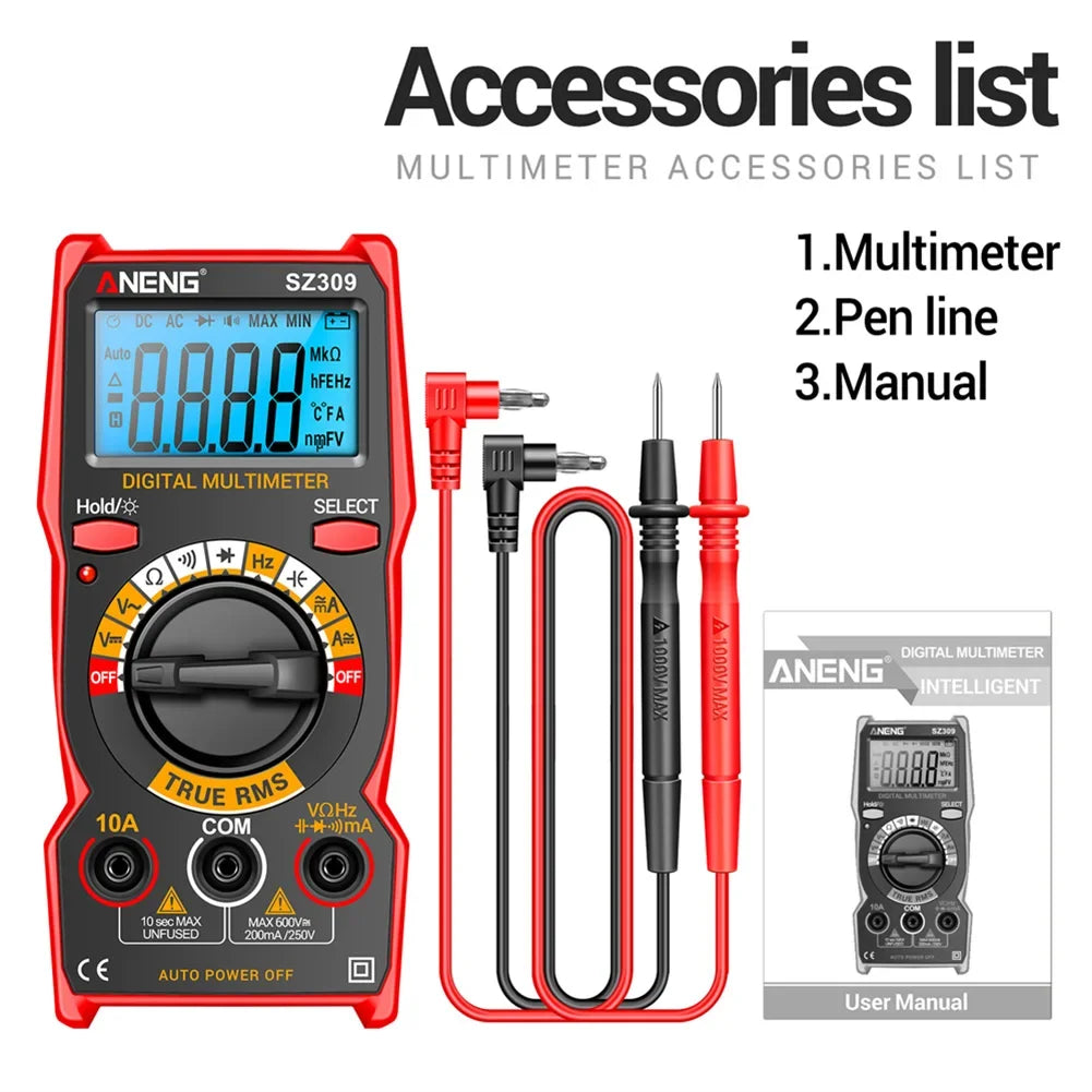 ANENG SZ308 Digital Multimeter AC/DC Current Meter Voltage Resistance Meter Electrician LCD Backlight Ohm Square Wave Test