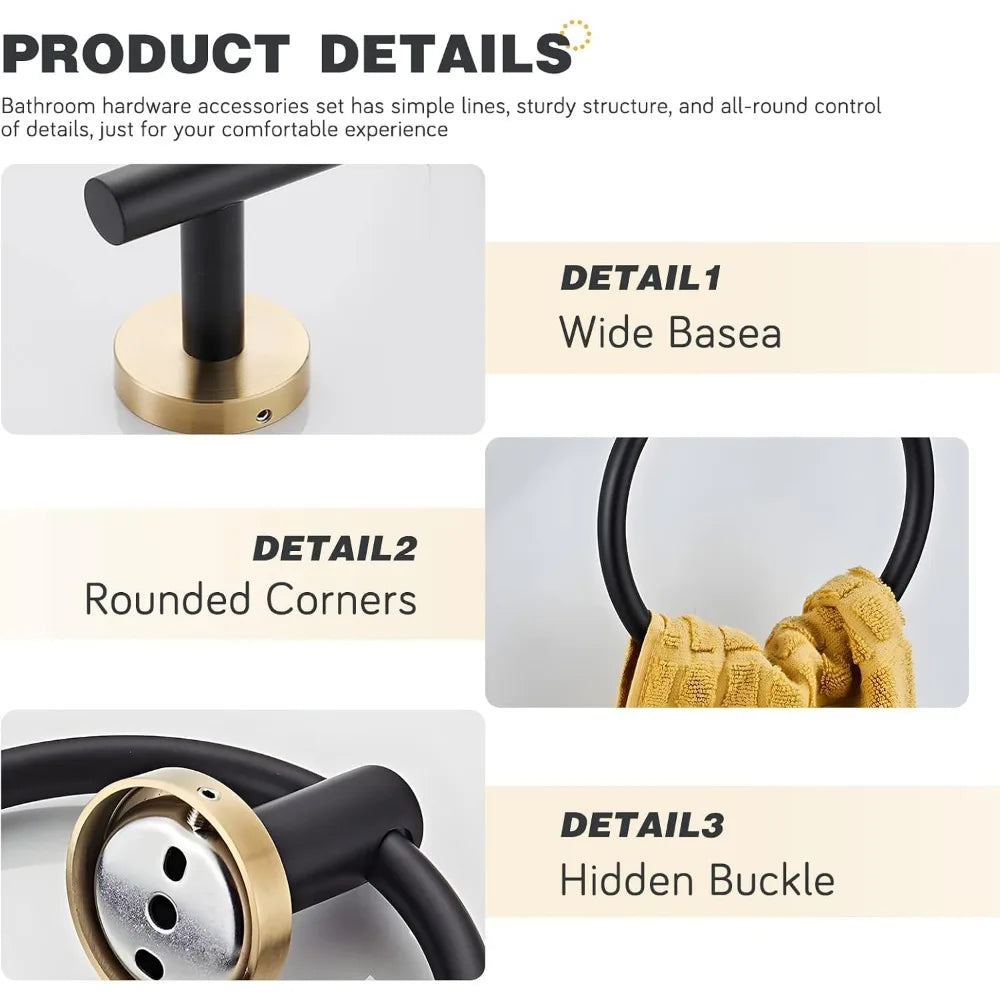 Luxury Black & Gold Wall-Mounted Stainless Steel 3-Piece Towel Bar Set - Modern Bathroom Hardware Accessories Towel Rack
