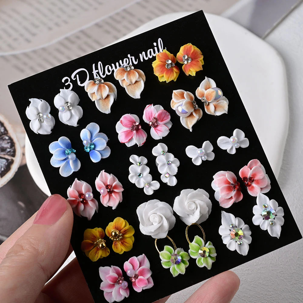 5/30Pcs 3D Handmade Nail Acrylic Flower Rhinestone Side Floret with Pearl Diamond Nail Art Decorations Carving Flower Nail Charm