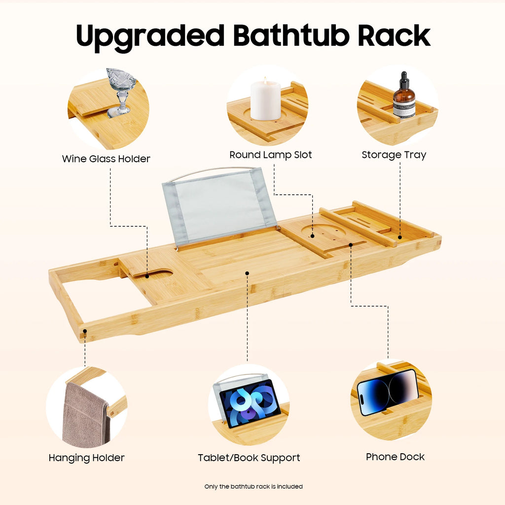 Adjustable Bamboo Bathtub Tray with Wine Glass Holder & iPad Slot, Waterproof Bath Caddy for Relaxation, Reading, Wine Time
