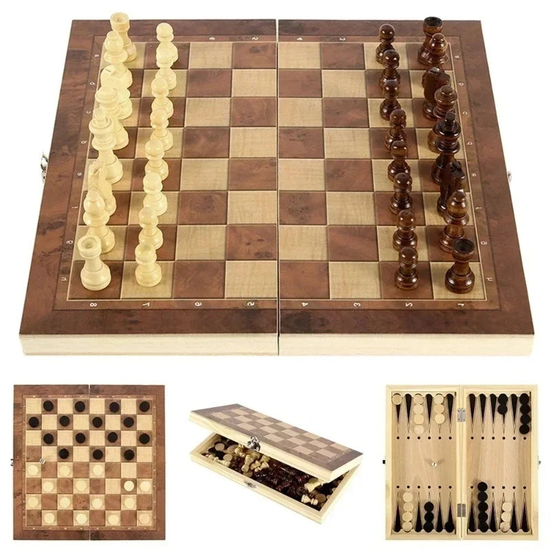 3in 1 Portable Travel Chess Checker Backgammon, Folding Storage Wooden Chess Set, International Checkers Board Game Kids Adults