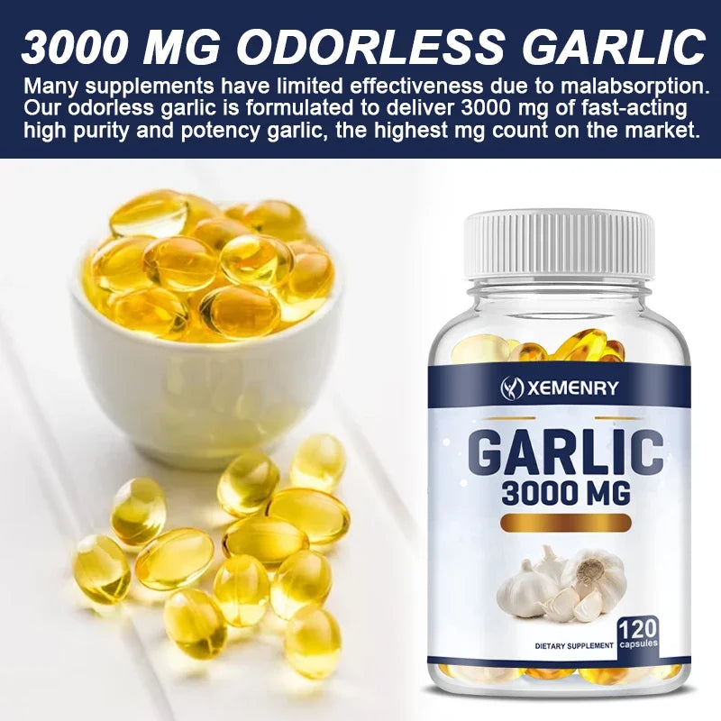 Garlic Capsules 3000mg - for Immune and Cardiovascular,  Antioxidant，Cholesterol Health - 120 Capsules