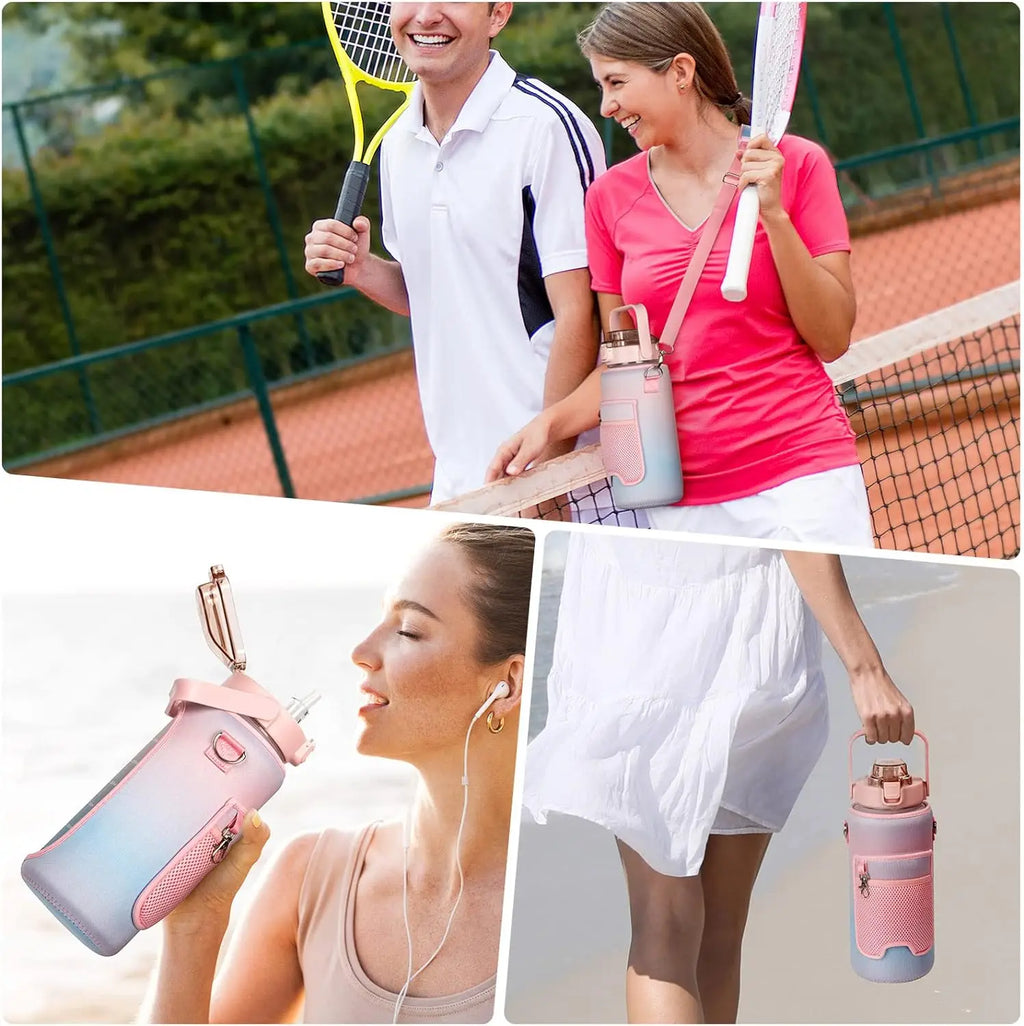 2L Water Bottle With Straw Large Capacity Sports Water Bottle Travel Fitness Sports Portable Drinking Bottles With Time Marker