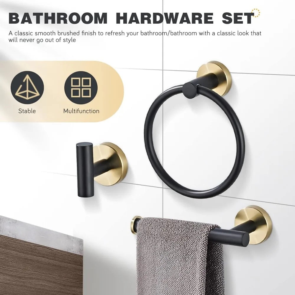 Luxury Black & Gold Wall-Mounted Stainless Steel 3-Piece Towel Bar Set - Modern Bathroom Hardware Accessories Towel Rack