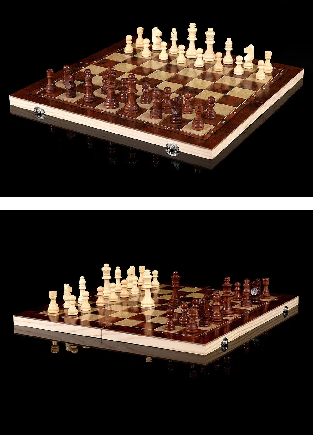 3in 1 Portable Travel Chess Checker Backgammon, Folding Storage Wooden Chess Set, International Checkers Board Game Kids Adults