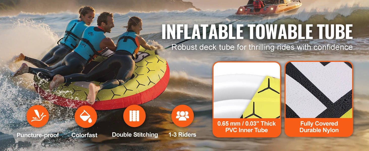 SucceBuy Towable Tube for Boating 1-3 People Inflatable Boat Tubes&Towables 63" Round Water Sport Towable Tube for Boat to Pull