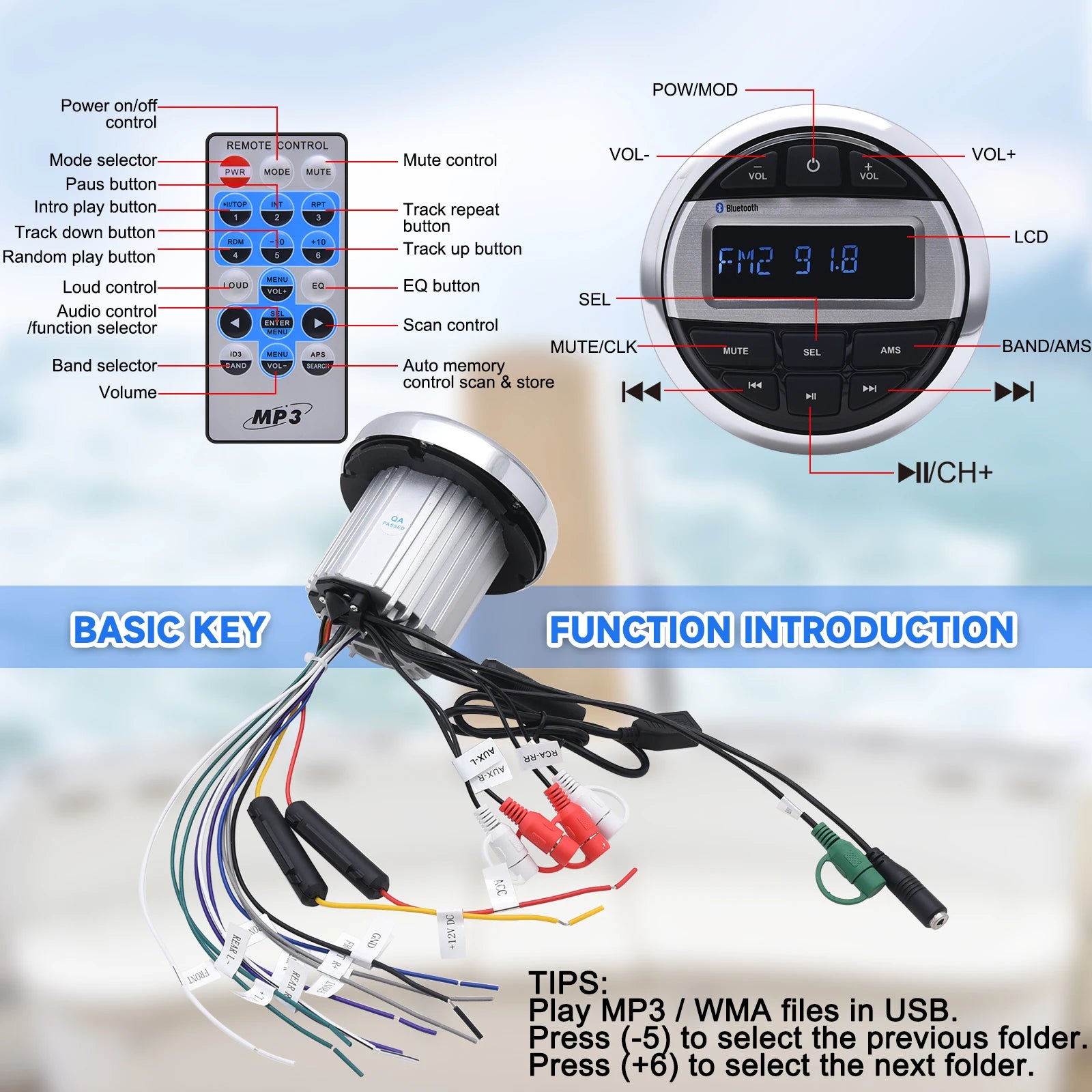 Boat Media MP3 Player With Bluetooth Waterproof Car Marine Stereo Audio Radio FM AM Receiver for UTV ATV SPA RZR