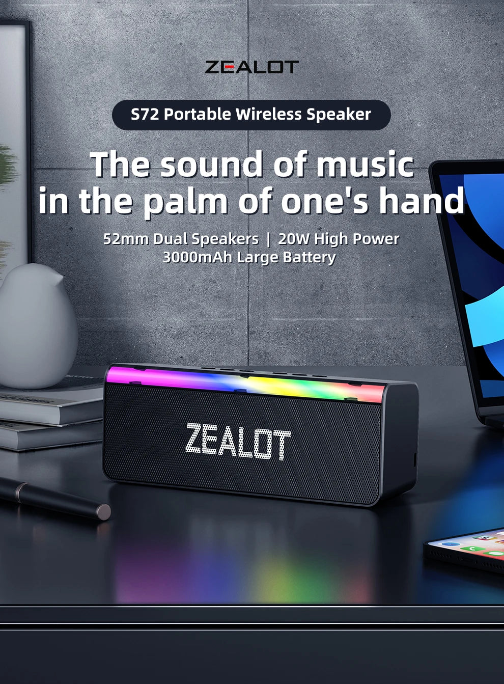Zealot-S72 Outdoor Bluetooth Speaker 20W Superior Sound and Bass Music Sound Box IPX6 Waterproof 10H Playtime Portable Speaker