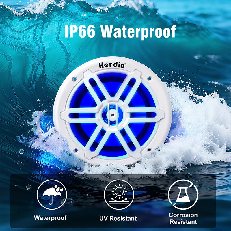 Herdio 6.5 Inch Marine Speaker 350W IP66 Waterproof Coaxial Audio Blue LED Light UV Resistant Grille for Boats ATV/UTV 1 Pair