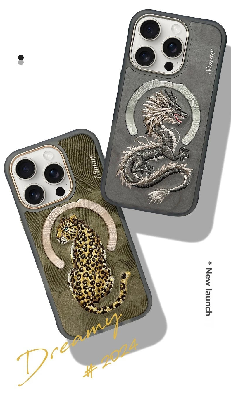 Dragon Phoenix 3D Embroidery Protective Case For iPhone 16 Pro Max Magnetic Wireless Charger Trend Original Fashion Cover - Firu Total Sales