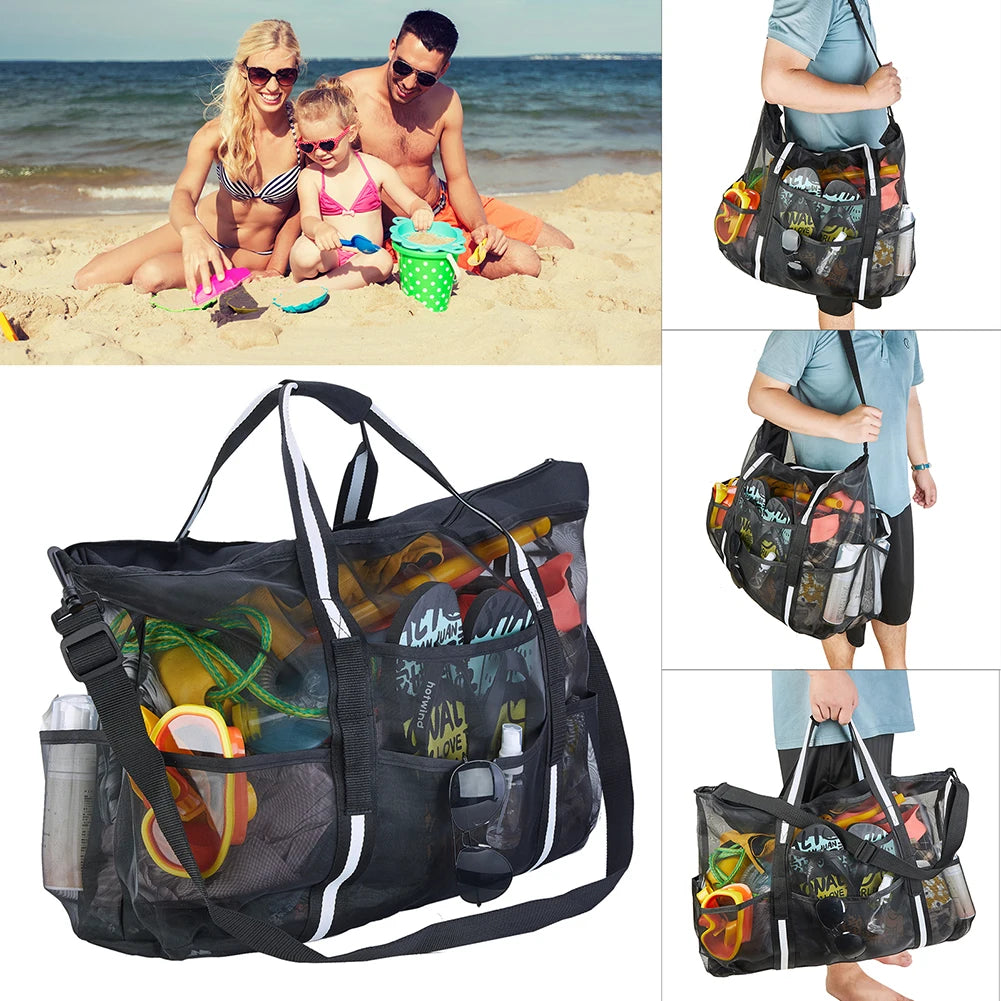 Mesh Swimming Bag Sandproof Bottom Foldable Summer Pool Bag 8 Pockets Beach Handbag Zipper Towel Storage for Travel Vacation