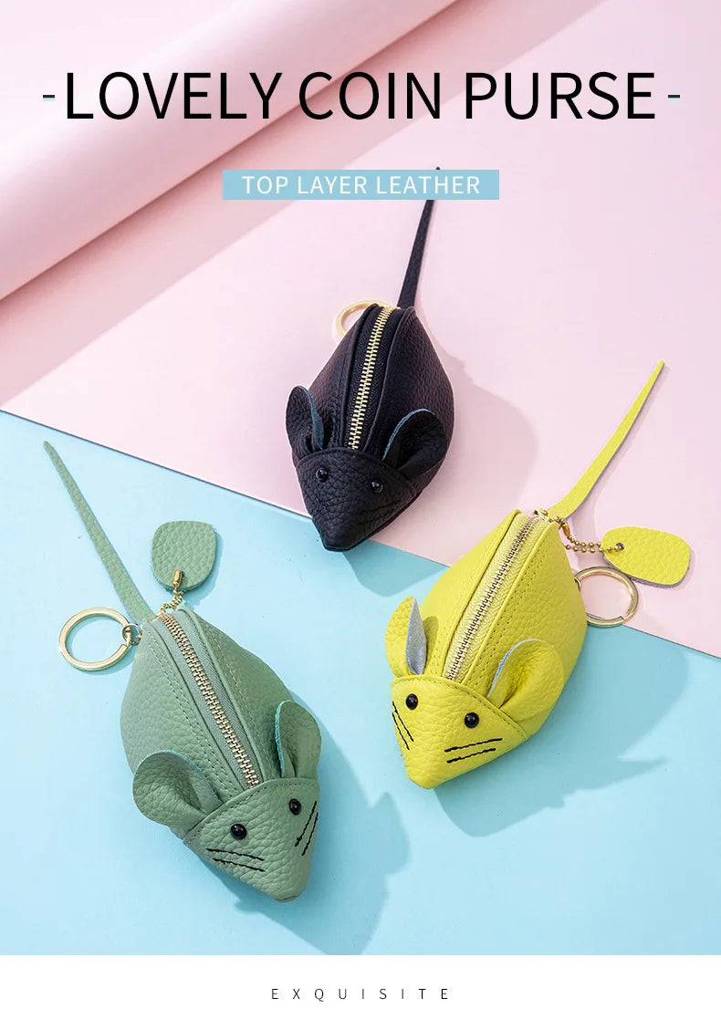 A8077 Cute Animal Design Lady Lipstick Bag Fashion Key Case Wallet Full Grain Cow Leather Vivid Lovely Mini Mouse Shape Purse
