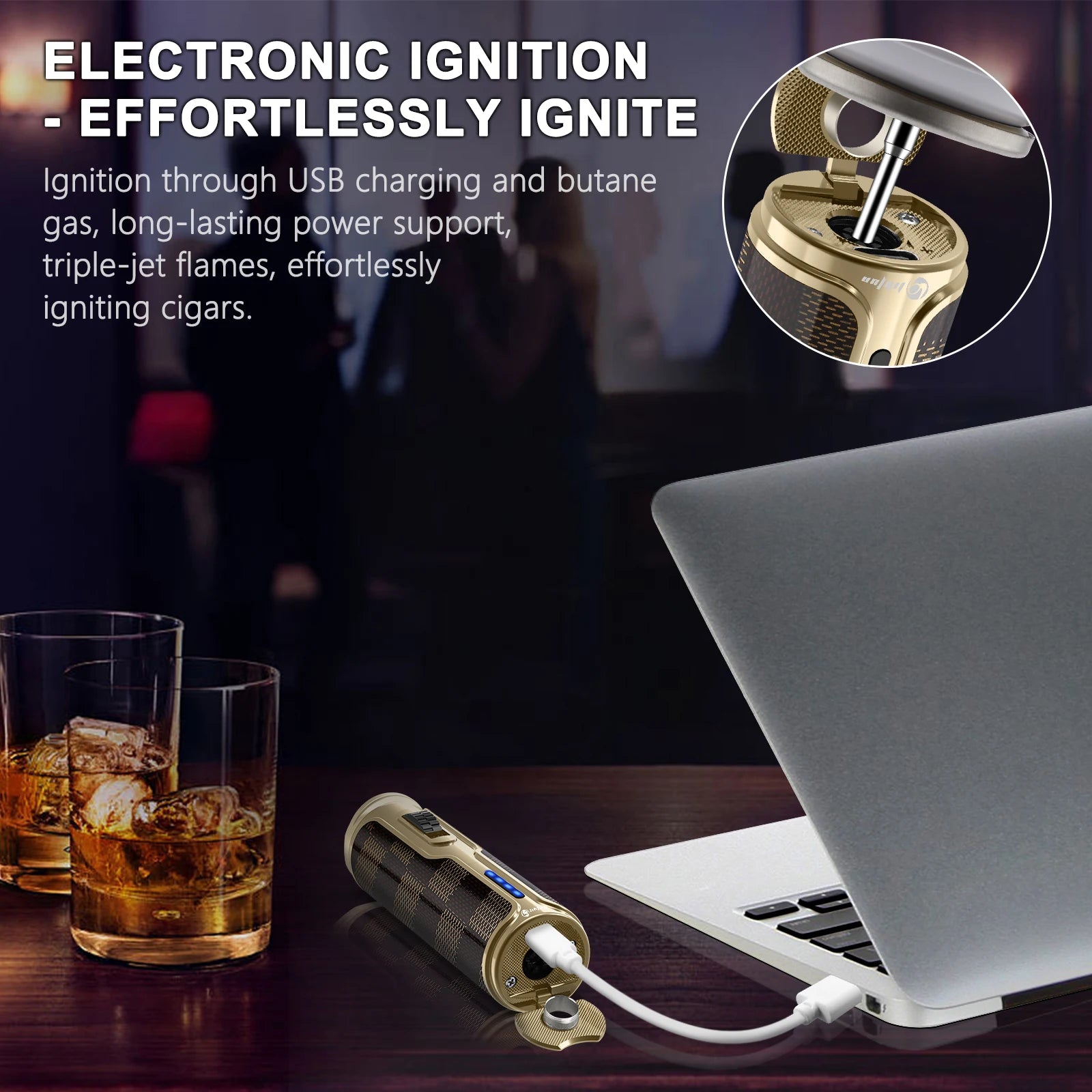 Cigar Lighter with Cigar Punch Holder,Windproof Electric Torch Lighter,Refillable Butane Lighters for Smoking with Gift Box