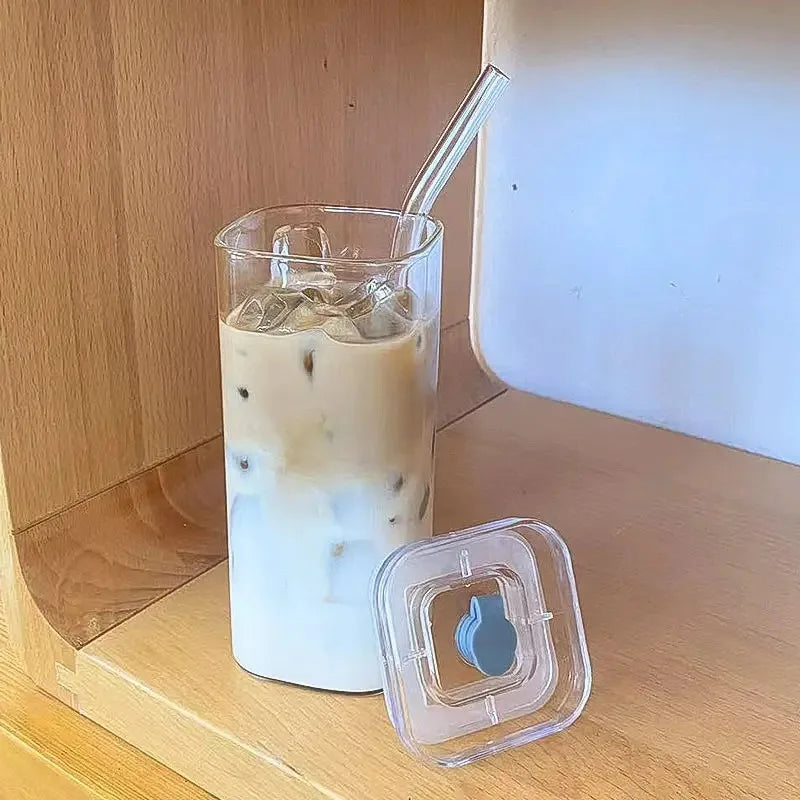 Vaso de Vidrio Cuadrado con Tapa y Pitillo | Resistente al Calor | Café y Té ☕ - Firu Total Sales