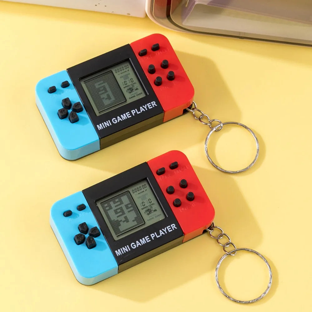 Blue Retro Mini Handheld Game Console Keychain With Bells, Cute Backpack Pendant Video Game Keyring
