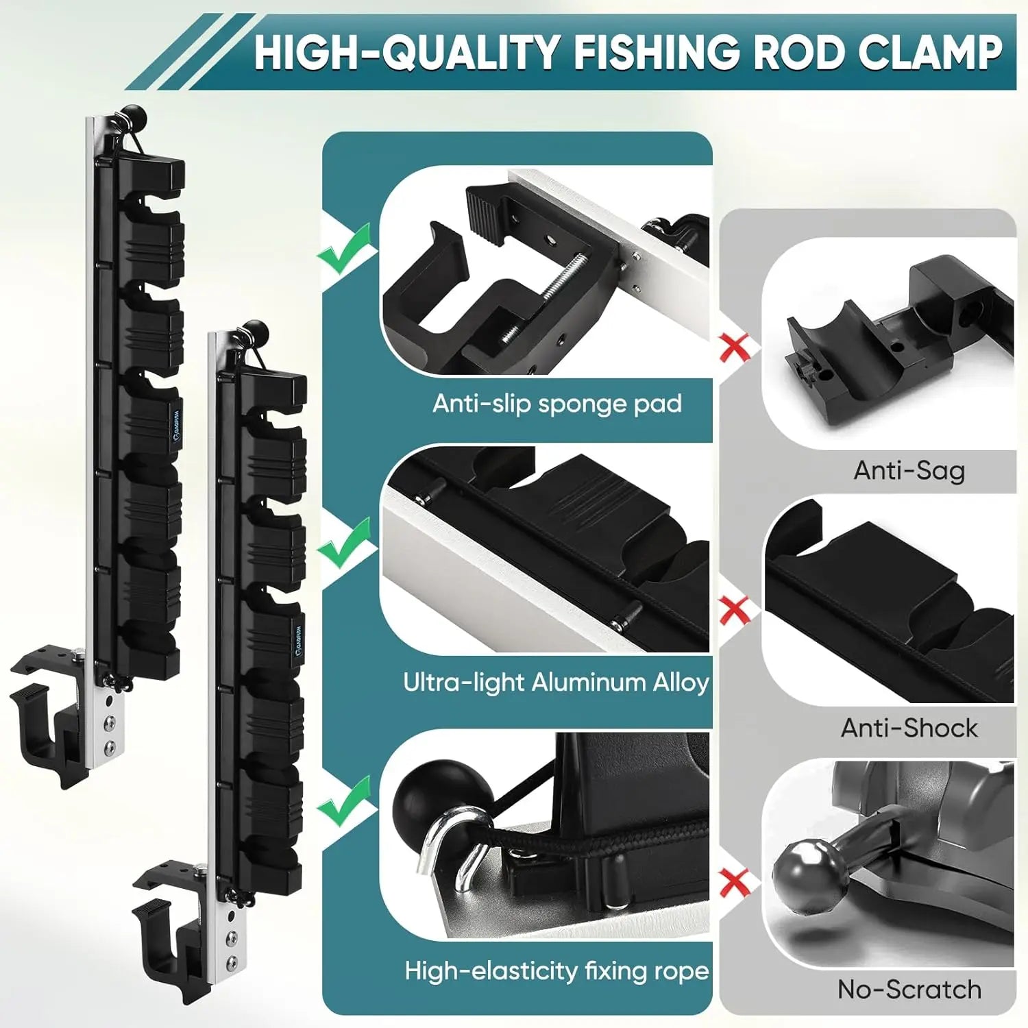 Truck Bed Fishing Rod Holder, Adjustable for 6 Rods, Fits Most with 2 Mounting Options