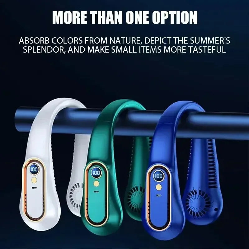 Hanging neck style leafless portable USB charging air cooler comes with 5-speed adjustment and LED display