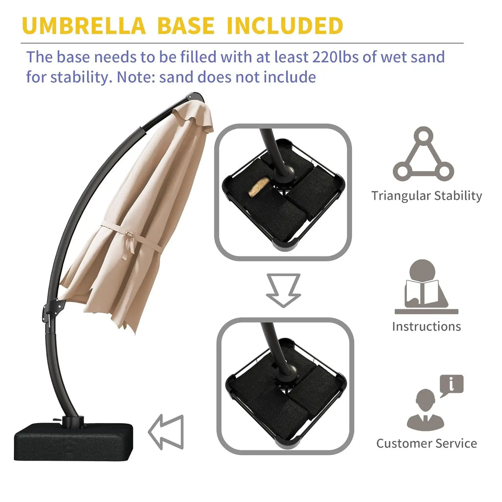 11ft round Aluminum Patio Umbrella with Base - Offset Cantilever Design 360° Rotating Customizable Large Outdoor Shade Umbrella