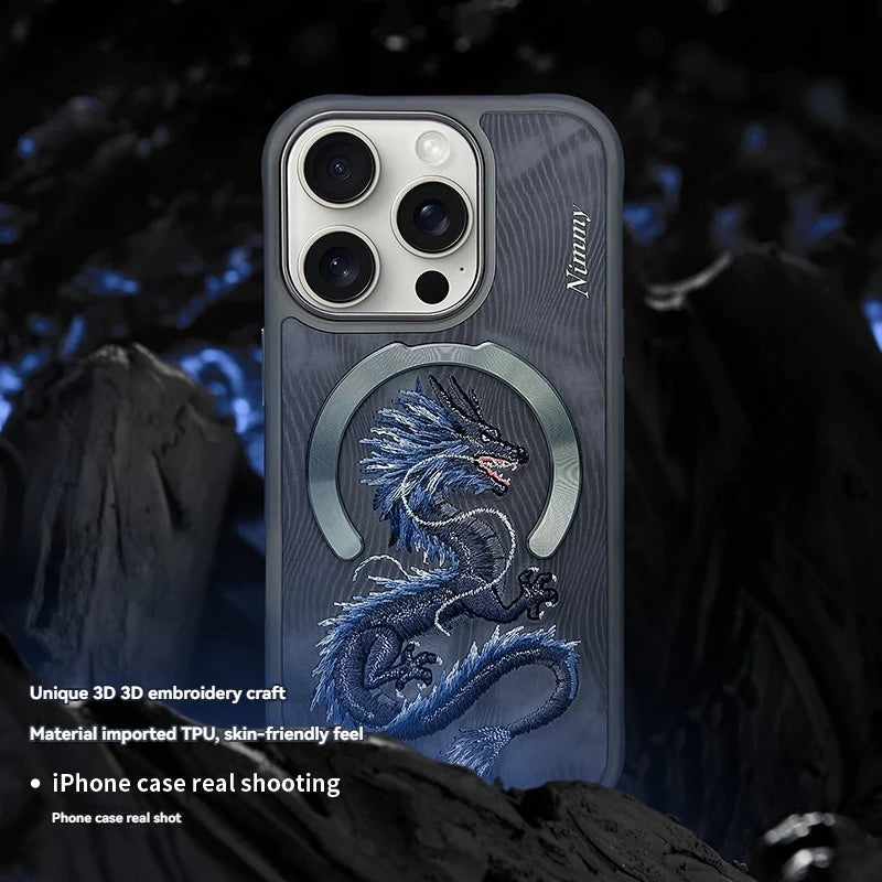 Dragon Phoenix 3D Embroidery Protective Case For iPhone 16 Pro Max Magnetic Wireless Charger Trend Original Fashion Cover
