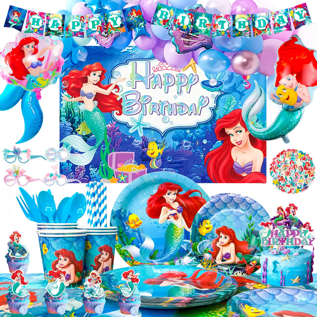Little Mermaid Birthday Supplies,185pcs Little Mermaid Birthday Party Decorations&Tableware-Little Mermaid Stickers Banner Plate