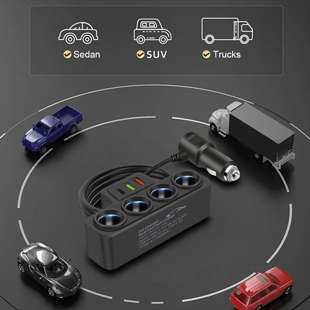 Phone Power Adapter QC3.0+PD 3.1A 120W Car Cigarette Lighter Socket Splitter Plug 4-Socket 3 USB Ports USB Phone Charger Adapter