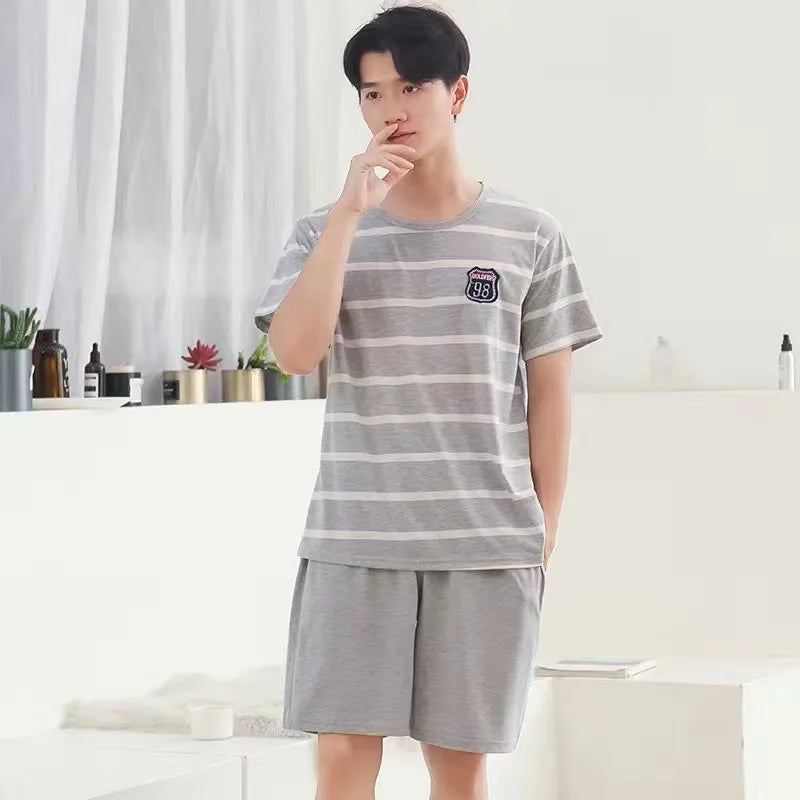Cotton Men's Pajama Top and Pants Loungewear Athletic Casual Loose Nightwear Set Striped Sleepwear Homewear Two Piece Big Size