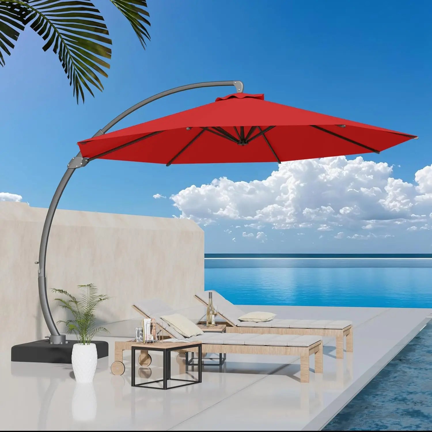 11ft round Aluminum Patio Umbrella with Base - Offset Cantilever Design 360° Rotating Customizable Large Outdoor Shade Umbrella