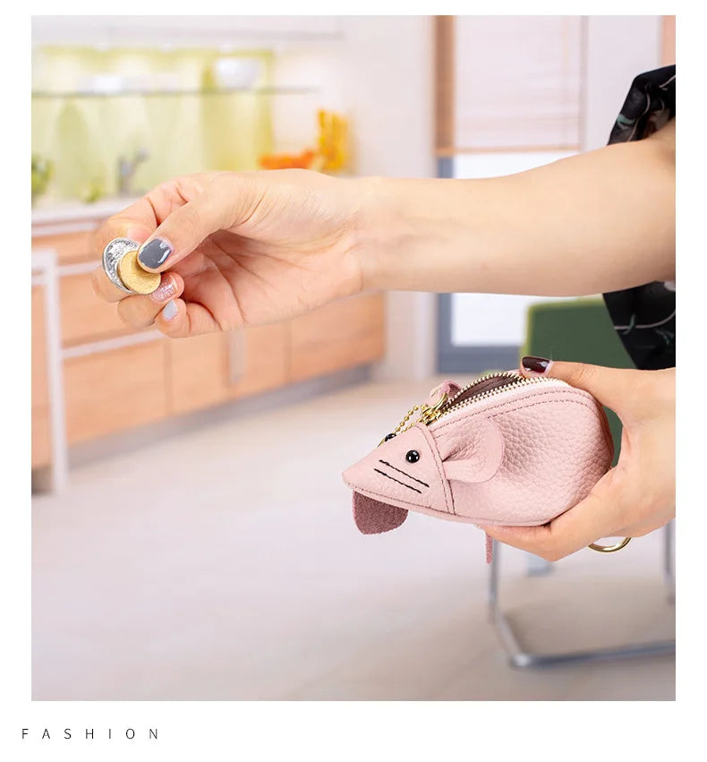 A8077 Cute Animal Design Lady Lipstick Bag Fashion Key Case Wallet Full Grain Cow Leather Vivid Lovely Mini Mouse Shape Purse