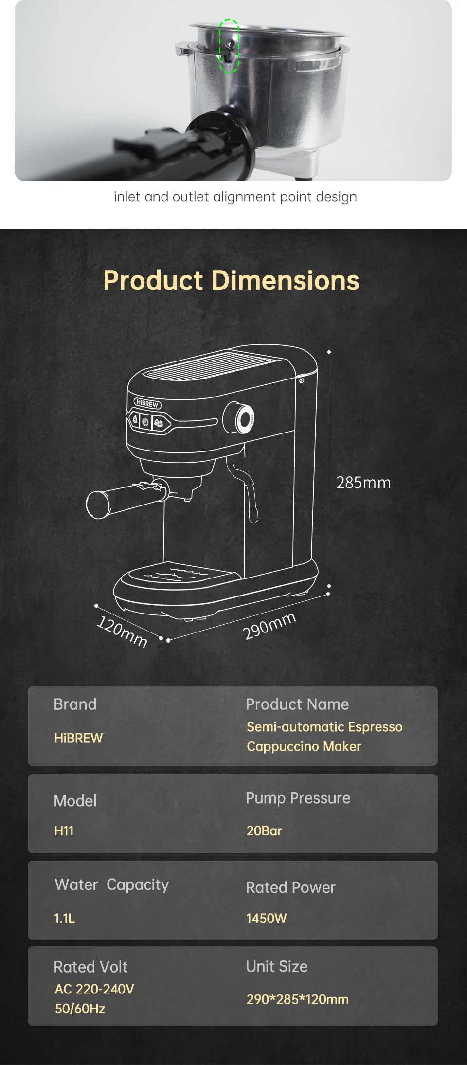HiBREW H11 Cafetera Espresso 20 Bar | Inox | Semi Automática | ESE POD y Polvo | Cappuccino | Agua Caliente - Firu Total Sales