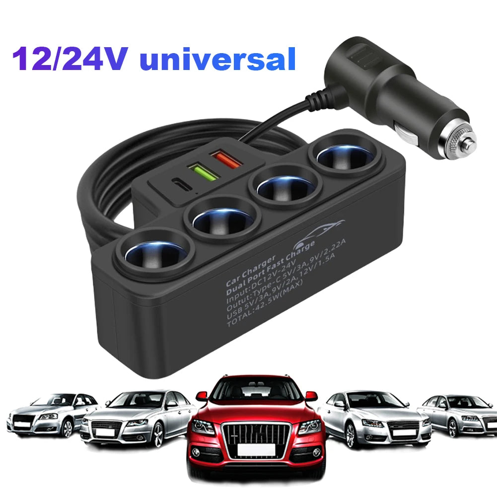 Phone Power Adapter QC3.0+PD 3.1A 120W Car Cigarette Lighter Socket Splitter Plug 4-Socket 3 USB Ports USB Phone Charger Adapter