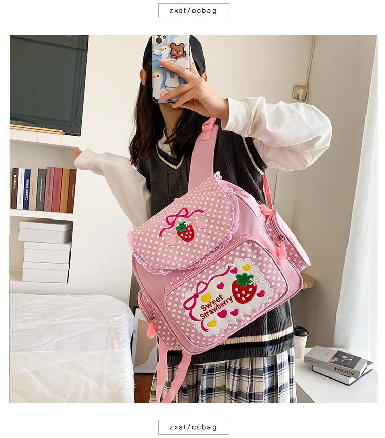 Pink Girl Embroidery Strawberry Children's Schoolbag Student Birthday Gift 2026 New Japanese Cartoon Pink Backpack Book Bags