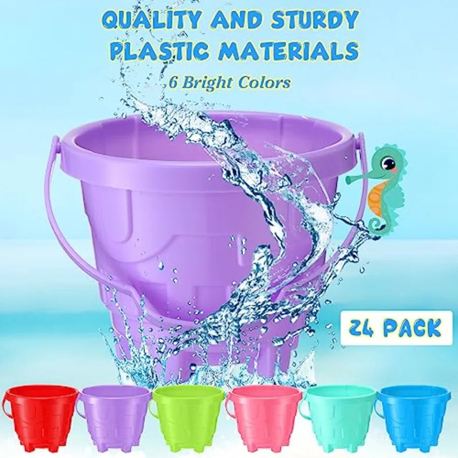 24 Pack 5.7'' Sand Buckets for Plastic Beach Pails with Shovels Summer Pool Party Favor Supplies 6 Assorted Colors