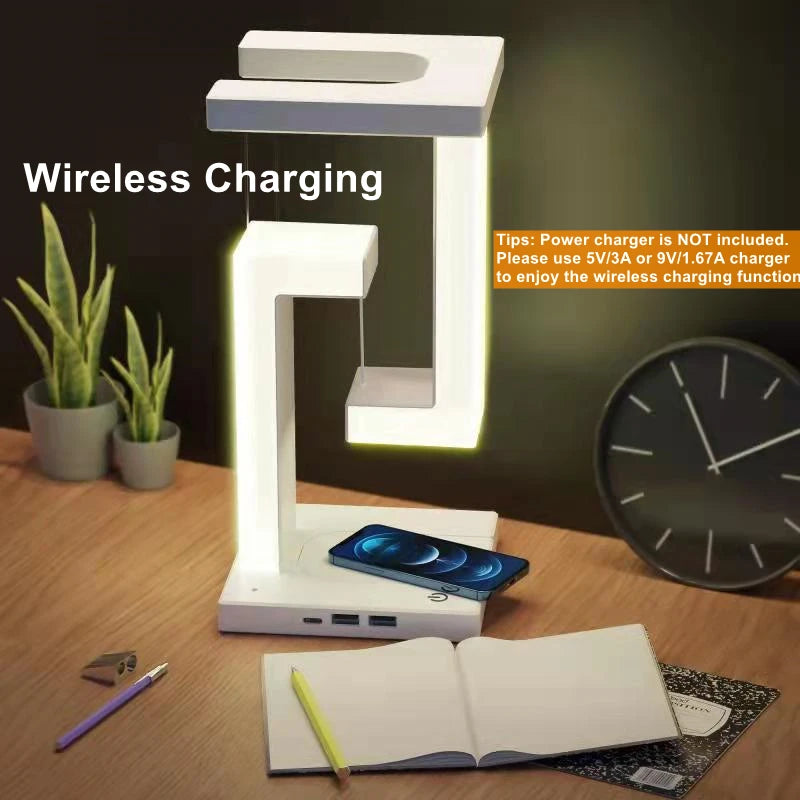Floating Desk Lamp with Wireless Charger | USB Output | iPhone Charging Dock | Bedside Table Lamp