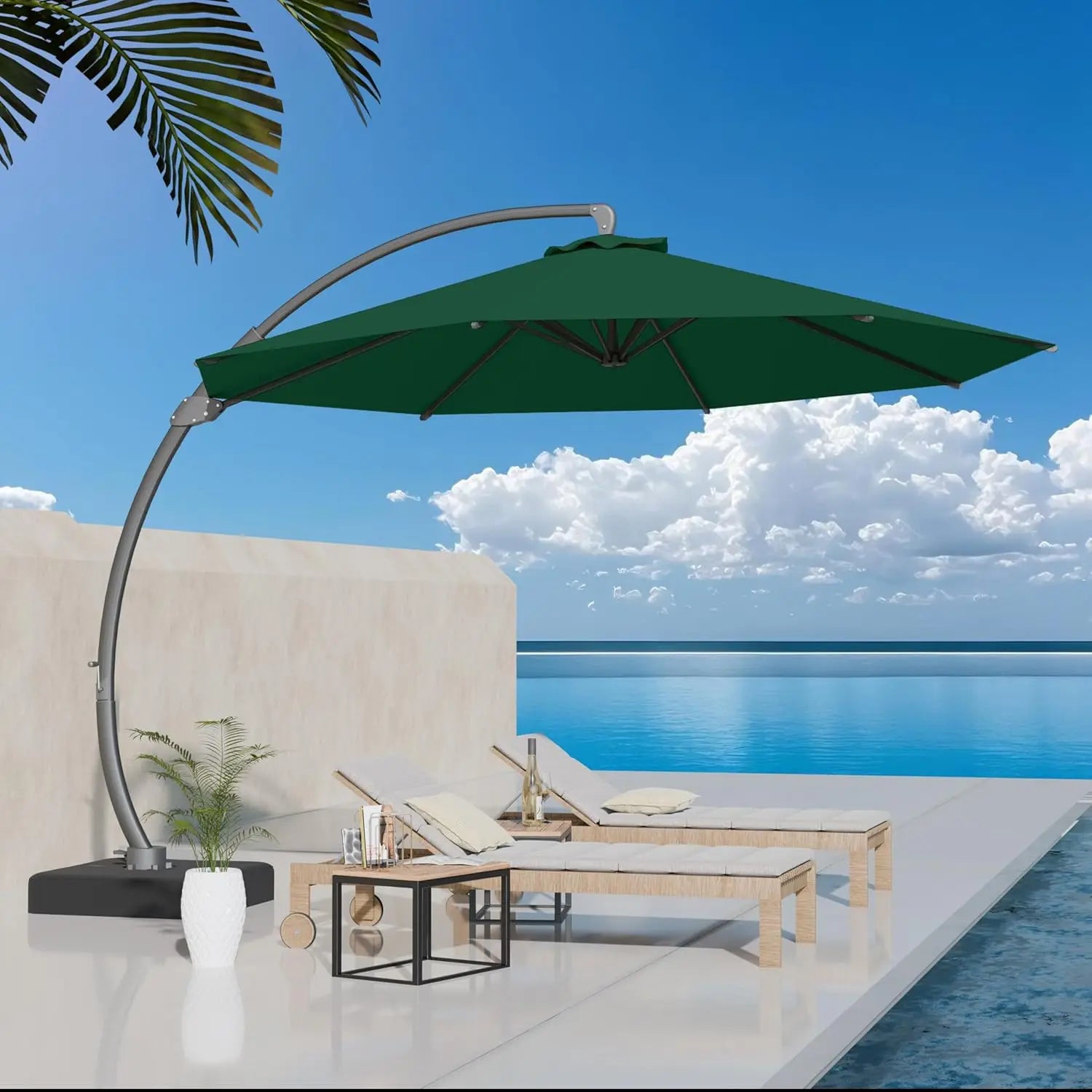 11ft round Aluminum Patio Umbrella with Base - Offset Cantilever Design 360° Rotating Customizable Large Outdoor Shade Umbrella
