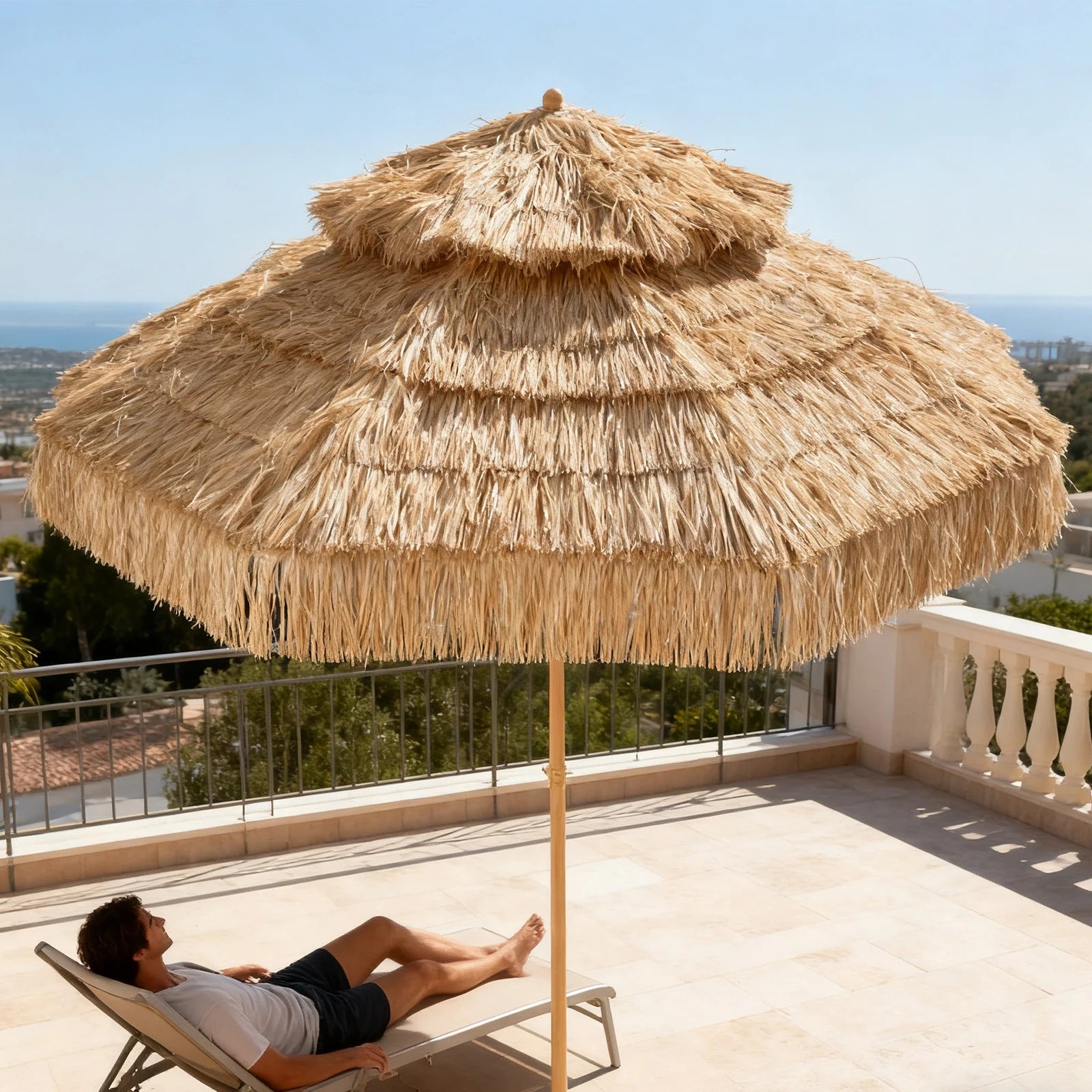 9ft Hawaiian Style Tiki Parasol with 8 Ribs Outdoor Thatched Tiki Umbrella UPF 50+ UV Protection for Market Terrace Restaurant
