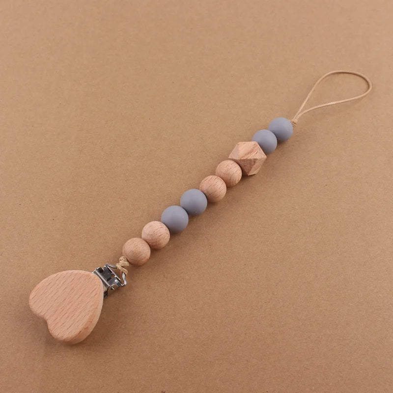 Baby products cartoon love beechwood pacifier clip creative baby silicone beads bite teeth pacifier chain