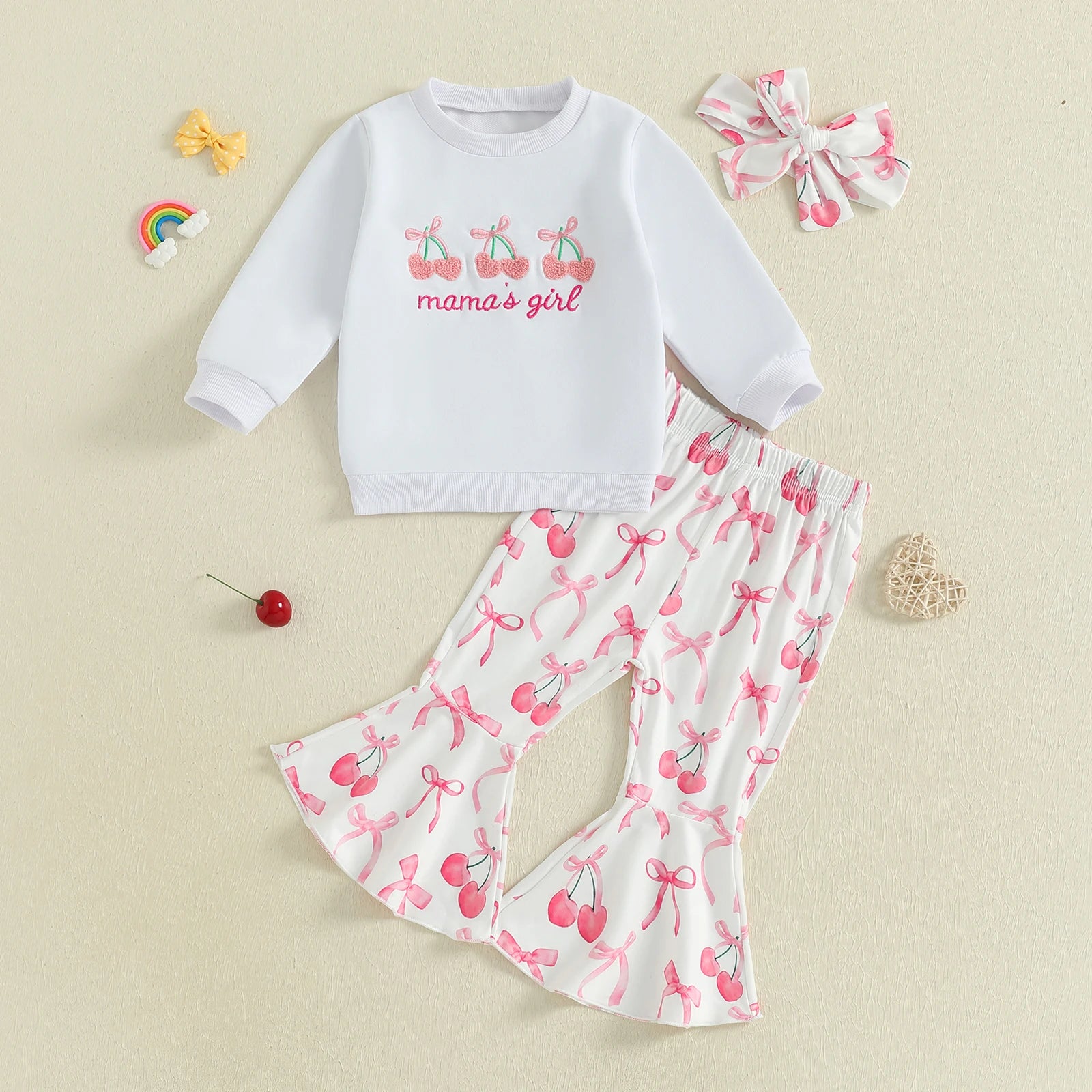 Toddler Girls Adorable Clothing Set with Cherry Embroidery Sweatshirt Bow Print Flared Pants and Matching Headband - 3 Piece - Firu Total Sales