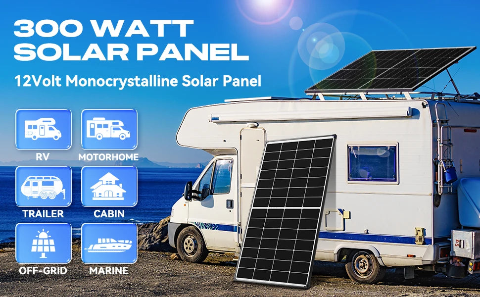 Rvpozwer 300 W Solar Panel 10BB N-Type 25% High Efficiency Monocrystalline for RV Home Rooftop Power Station Off Grid Systems