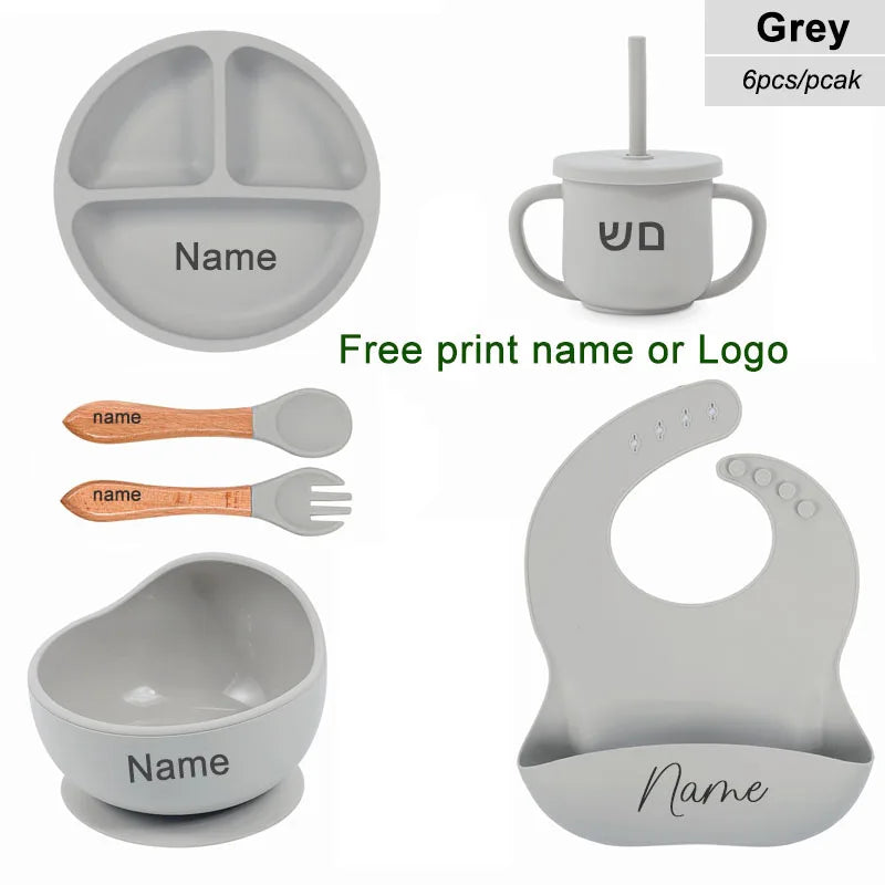 Set 6pcs Vajilla de Silicona para Bebé | Bol, Plato, Cuchara, Tenedor, Babero y Vaso 🍼