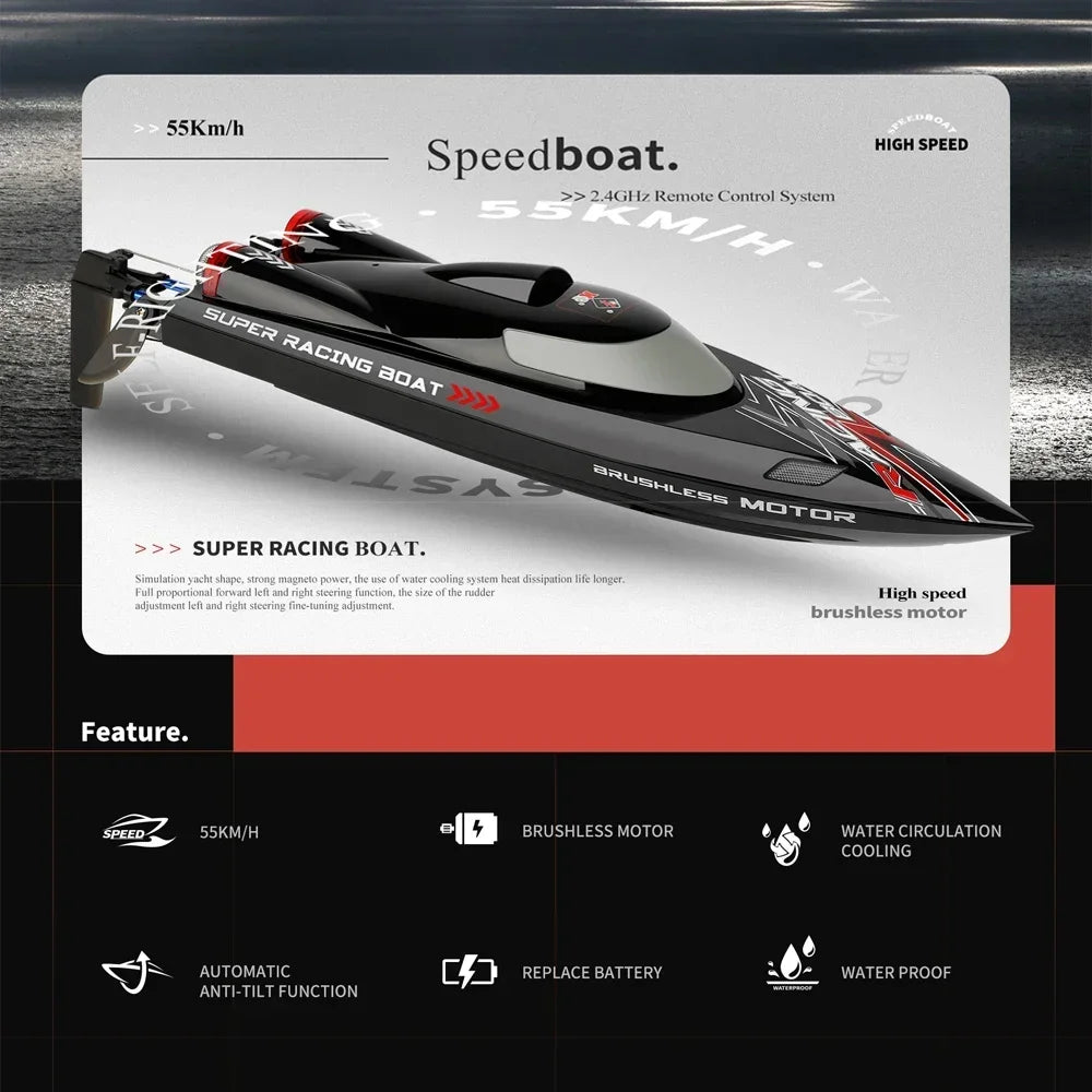 WLtoys WL916 RC Boat 2.4Ghz 55KM/H Brushless High Speed Racing Ship Remote Control Speedboat Toys For Adults with 2 Batteries - Firu Total Sales