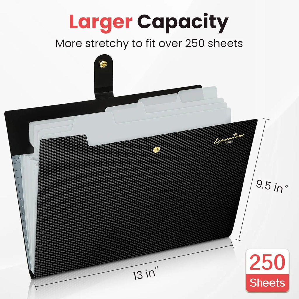 Letter Size Expanding File Folder with Labels, 5 Pocket Organizer for Documents, Portable A4 Black for Home School Office