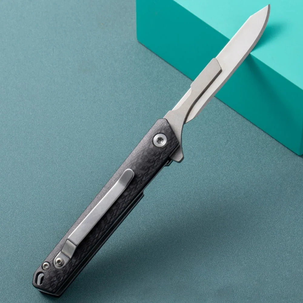 Small Folding Scalpel Knife Carbon Fibre Handle Utility Knives With Clip Compact Keychain Boxcutter Replaceable Blades