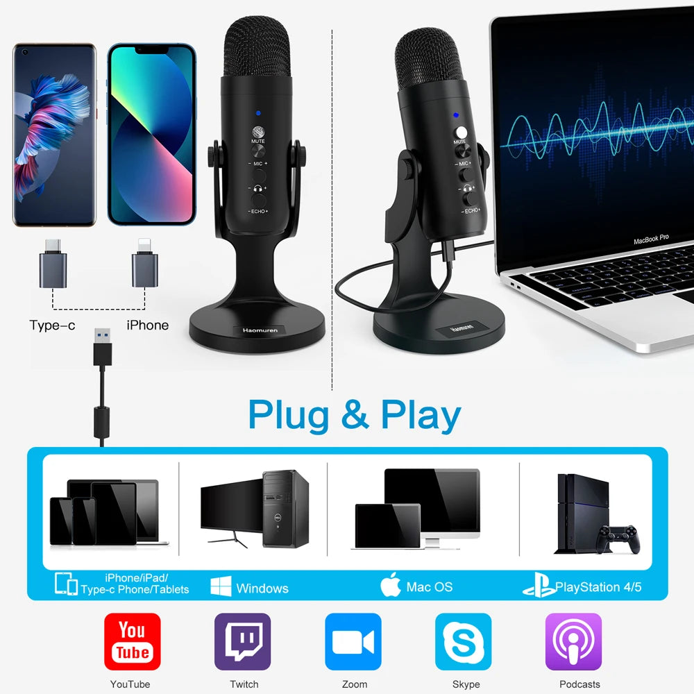 Micrófono USB Condensador HAOMUREN | PC/Mac Gaming Podcast | Adaptador Teléfono y Salida Auriculares - Firu Total Sales